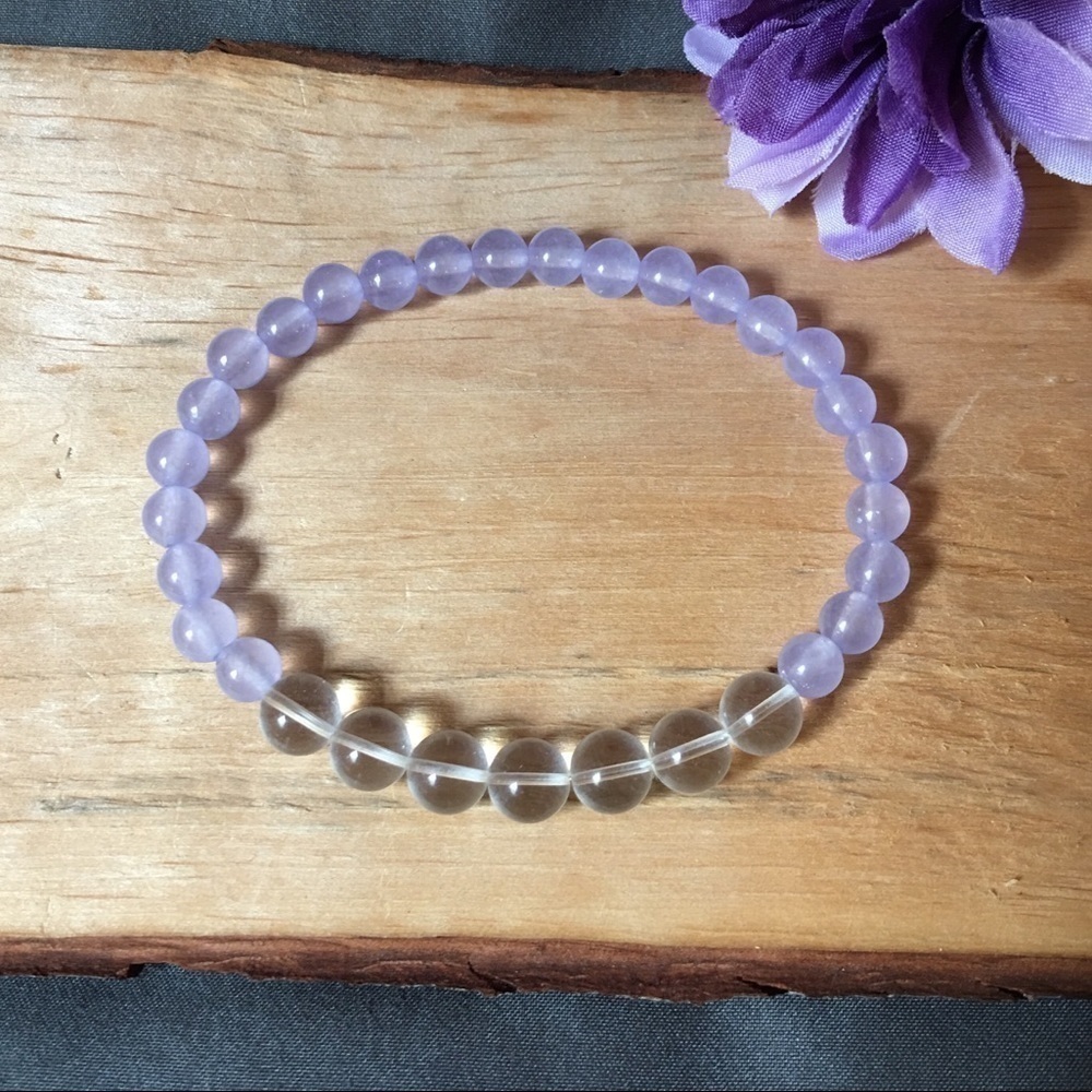 Purple Lilac and clear quartz 24/7 beaded handmade stretch bracelet